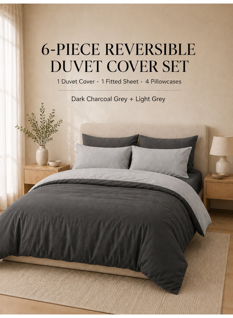 نوم جيد طقم غطاء لحاف كينج 6 قطع من Good Sleep | 220×240 سم | رمادي بلونين قابل للعكس | غطاء لحاف بسحاب مع شرشف بمطاط و4 أكياس وسائد | فائق النعومة ومقاوم للتجاعيد | صنع في دبي - Image 1