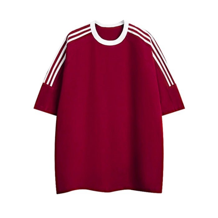 American Retro Three Bars Casual Crewneck Sports Summer Short-Sleeved T-Shirt Men'S And Women'S Cotton All-Match Top Trendy - Image 2