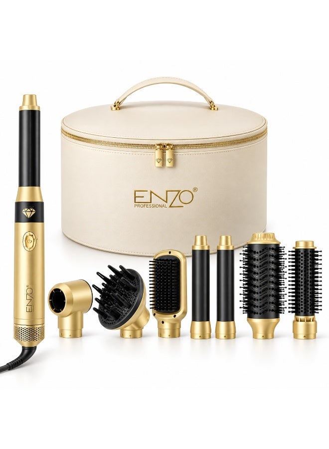 إنزو مصفف ومجفف شعر ENZO Professional EN4133PRO متعدد الاستخدامات مع أسطوانات تجعيد وفرش تكثيف وفرشاة تنعيم وديفيوزر وفوهة تجفيف، ذهبي - Image 1