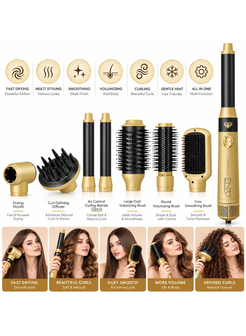 إنزو مصفف ومجفف شعر ENZO Professional EN4133PRO متعدد الاستخدامات مع أسطوانات تجعيد وفرش تكثيف وفرشاة تنعيم وديفيوزر وفوهة تجفيف، ذهبي - Image 2