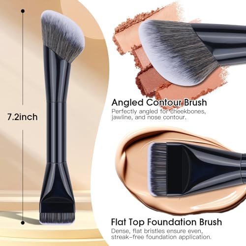 GloréBrochas Dual-Ended Makeup Brush,Flat Top Foundation & Angled Contour Brush for Flawless Blending, Smooth Coverage & Effortless Contouring, Ideal for Foundation, Blush, Bronzer & Powder (Black) - Image 3