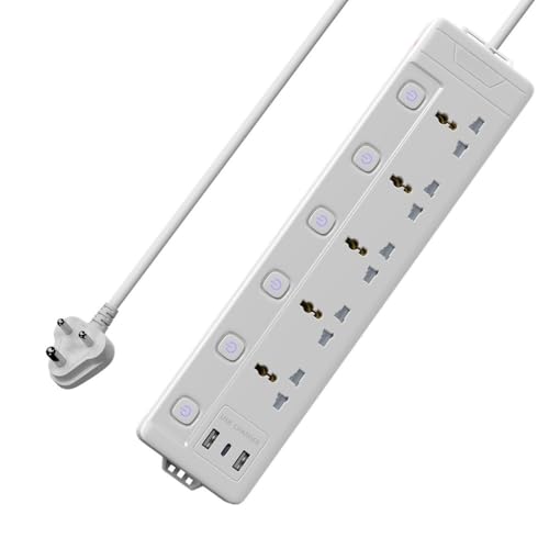 AILKIN DarkWoof 2500W/240V Extension Board with 5 Universal Sockets, 2 USB and Type C Fast Charging Ports [6 Months Warranty], Individual Switches, Light Indicator, Military Grade 4M Long Cable - Image 1