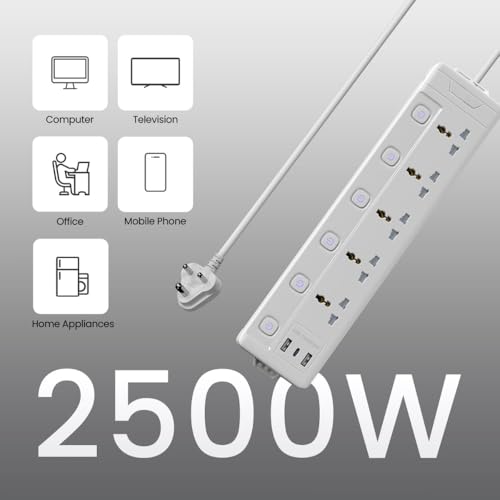 AILKIN DarkWoof 2500W/240V Extension Board with 5 Universal Sockets, 2 USB and Type C Fast Charging Ports [6 Months Warranty], Individual Switches, Light Indicator, Military Grade 4M Long Cable - Image 2