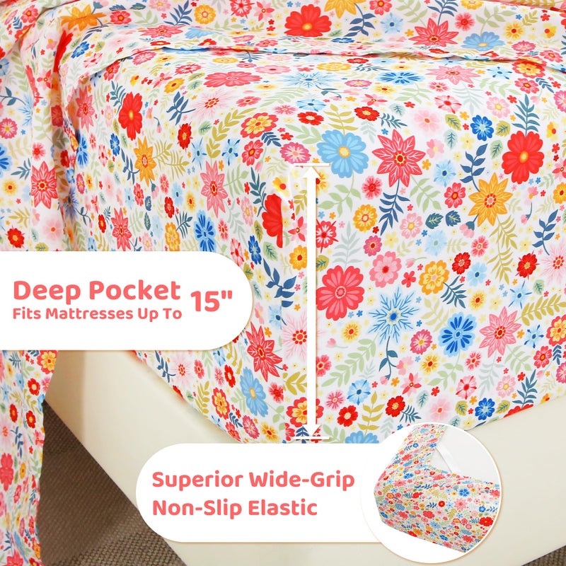 Mooreeke Cozy Floral Microfiber Printed Floral Full Sheet Set - Soft & Breathable Colorful Flower Custers Bed Sheets with Extra Deep Pocket - Non-Slip Fitted Design - Colorful Flower Pattern - Full - Image 4