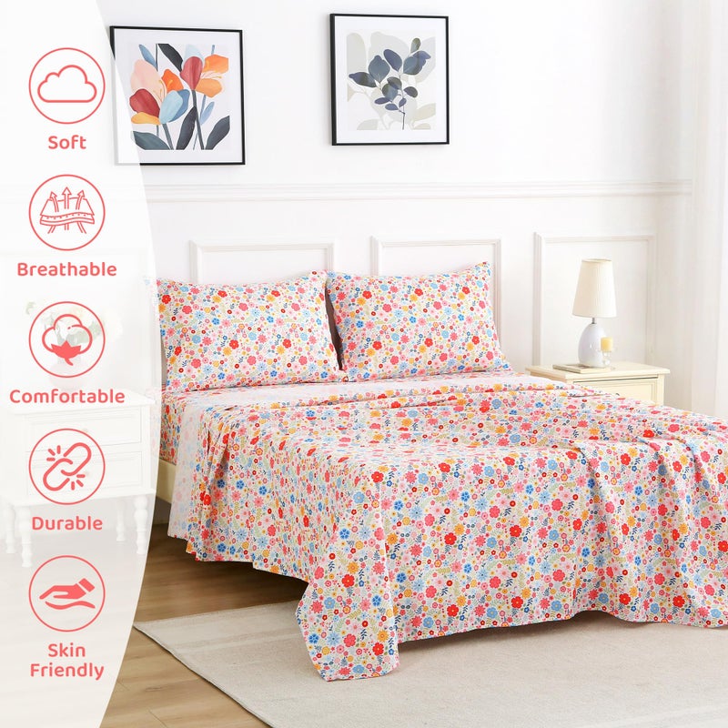 Mooreeke Cozy Floral Microfiber Printed Floral Full Sheet Set - Soft & Breathable Colorful Flower Custers Bed Sheets with Extra Deep Pocket - Non-Slip Fitted Design - Colorful Flower Pattern - Full - Image 3