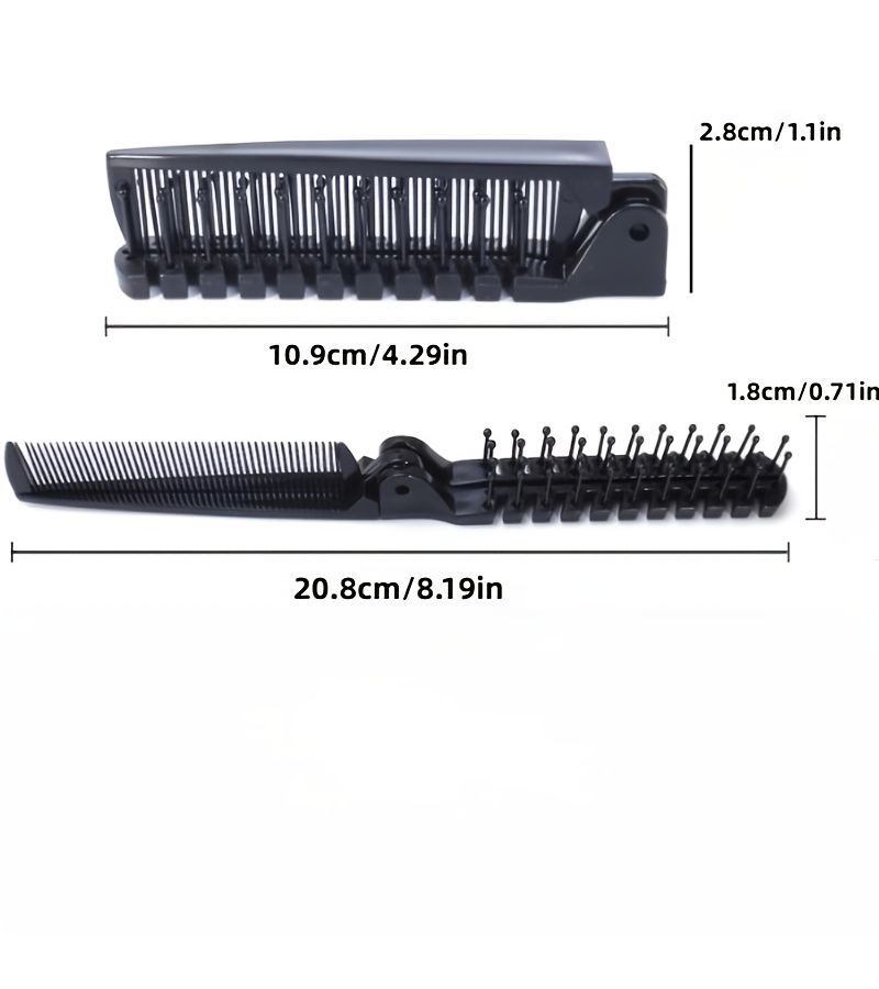 Set Of 2 Folding Comb And Cleaning Brush Portable Compact Hairbrush For Travel Dual Use Curling Massage Comb Black - Image 4