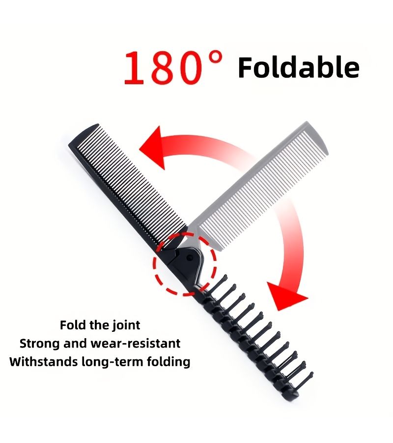 Set Of 2 Folding Comb And Cleaning Brush Portable Compact Hairbrush For Travel Dual Use Curling Massage Comb Black - Image 5