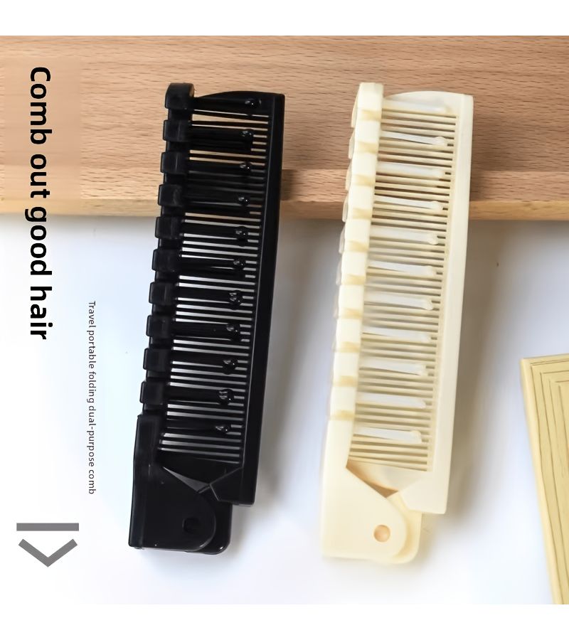 Set Of 2 Folding Comb And Cleaning Brush Portable Compact Hairbrush For Travel Dual Use Curling Massage Comb Black - Image 1