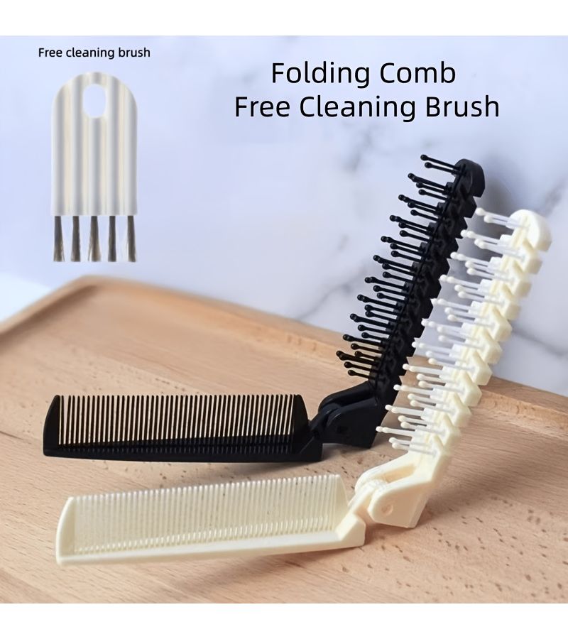 Set Of 2 Folding Comb And Cleaning Brush Portable Compact Hairbrush For Travel Dual Use Curling Massage Comb Black - Image 2