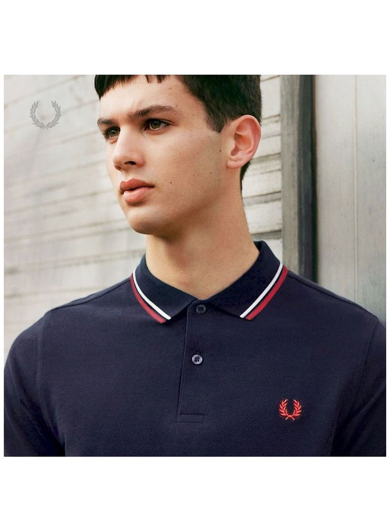FRED PERRY Men's Classic Fit Twin-Tipped Polo Shirt | 100% Cotton, Embroidered Logo, Machine Washable | Navy/Red & White Tipping - Image 2