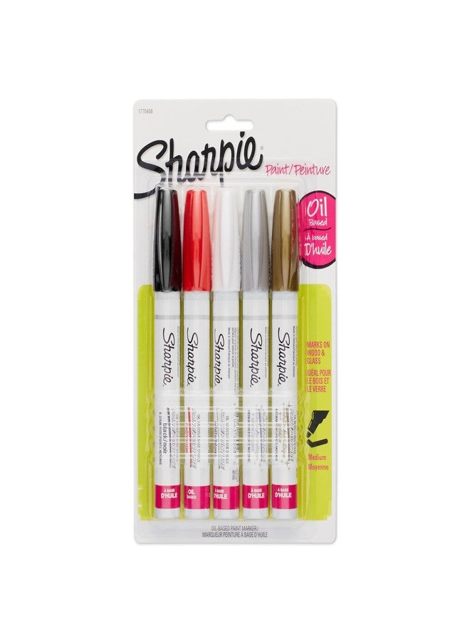 شاربي أقلام شاربي للرسم الزيتي، رأس متوسط، ألوان متنوعة ومعدنية، 5 أقلام - مثالية لرسم الصخور - Image 1