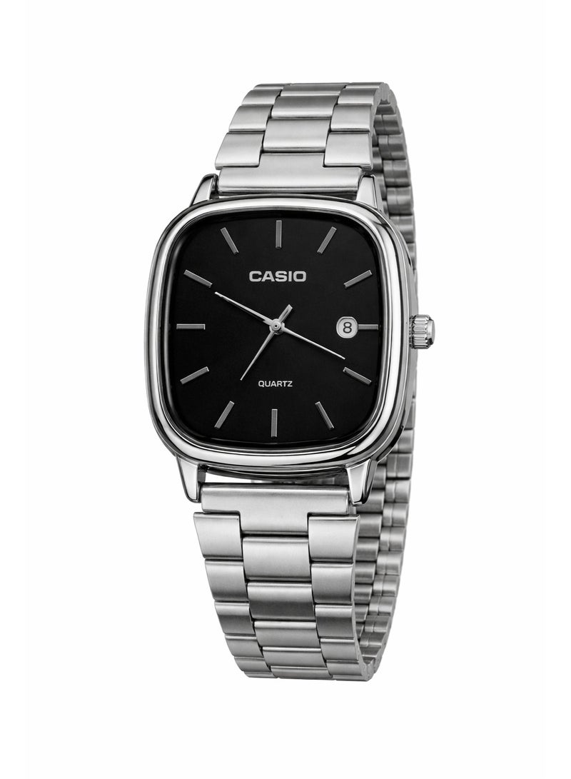 Casio Silver Analog Watch for Men | Minimalist Stainless Steel Quartz Watch with Date Display