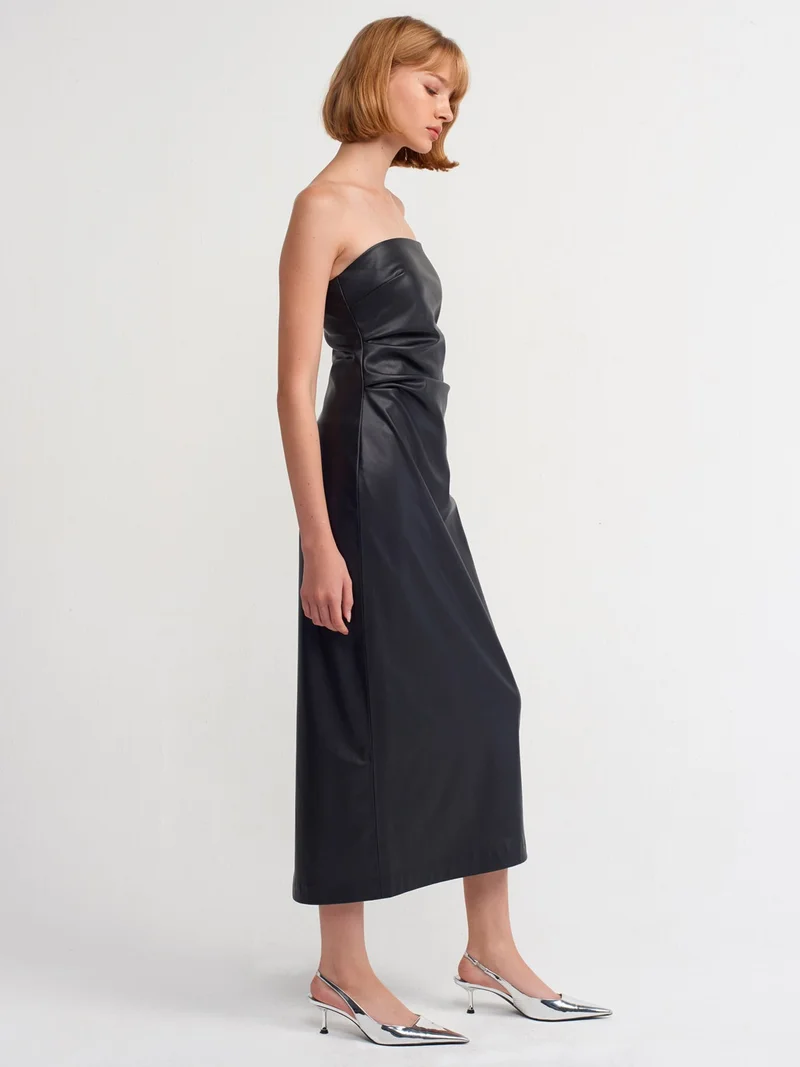 ديلفين 90799 Strapless Faux Leather Midi Dress-Black