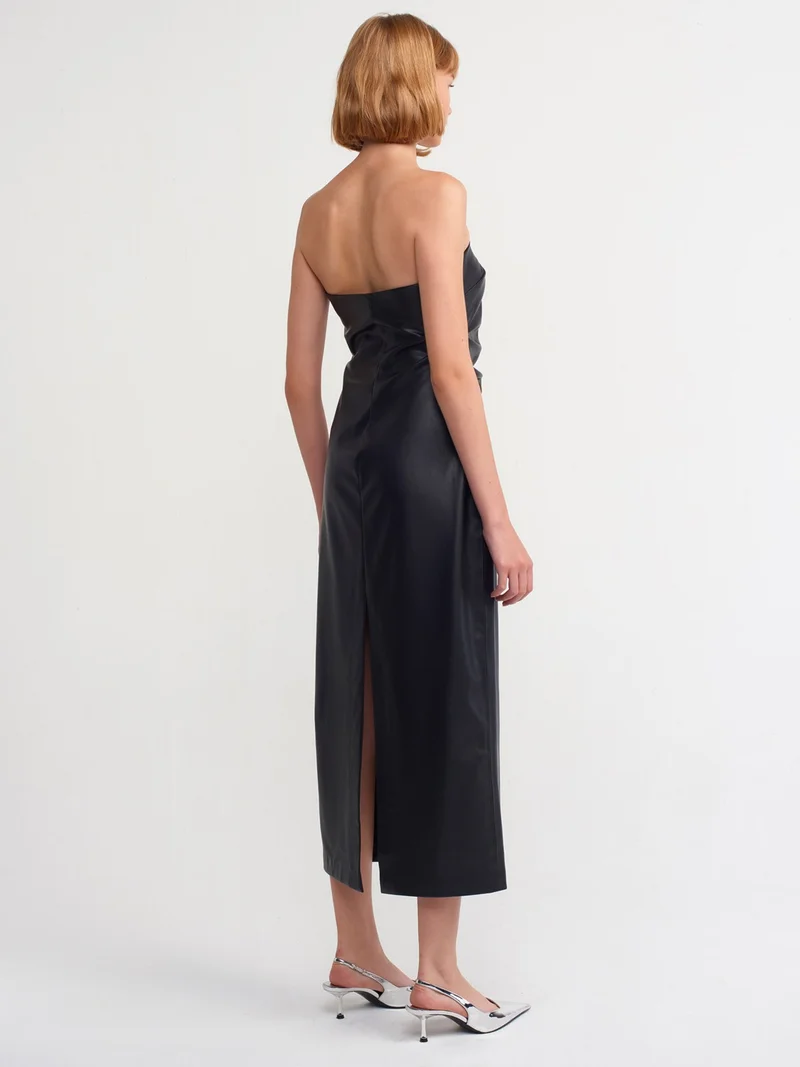 ديلفين 90799 Strapless Faux Leather Midi Dress-Black