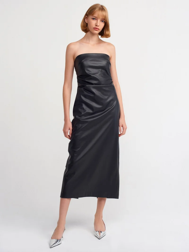 ديلفين 90799 Strapless Faux Leather Midi Dress-Black