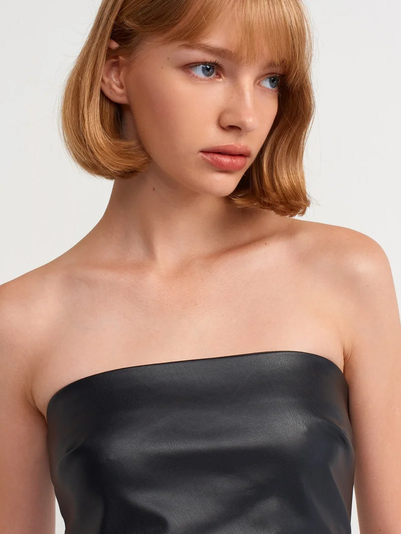 ديلفين 90799 Strapless Faux Leather Midi Dress-Black