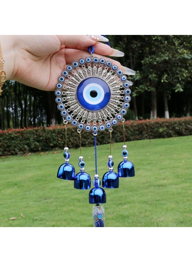 الواحة-TH 5 أجراس الرياح جرس للمنزل الإيجابي, العناصر الزرقاء العين ديكور المنزل, المعدنية الرياح جرس 5 أجراس الزرقاء سحر لحماية الحظ الجيد - Image 1