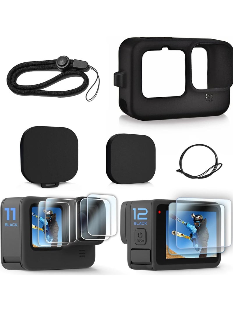 Mmmon Silicone Case Tempered Glass Protector Compatible for Go Pro Hero 12/Hero 11/Hero 10/Hero 9 Black,Soft Rubber Sleeve Cage Housing with Lens Cover Cap Lanyard Accessories Bundle Kit  - Image 1