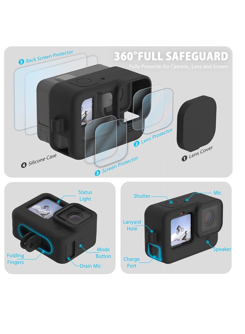 Mmmon Silicone Case Tempered Glass Protector Compatible for Go Pro Hero 12/Hero 11/Hero 10/Hero 9 Black,Soft Rubber Sleeve Cage Housing with Lens Cover Cap Lanyard Accessories Bundle Kit  - Image 2