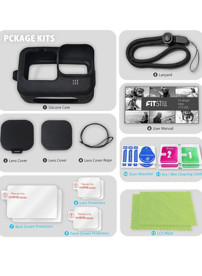 Mmmon Silicone Case Tempered Glass Protector Compatible for Go Pro Hero 12/Hero 11/Hero 10/Hero 9 Black,Soft Rubber Sleeve Cage Housing with Lens Cover Cap Lanyard Accessories Bundle Kit  - Image 5