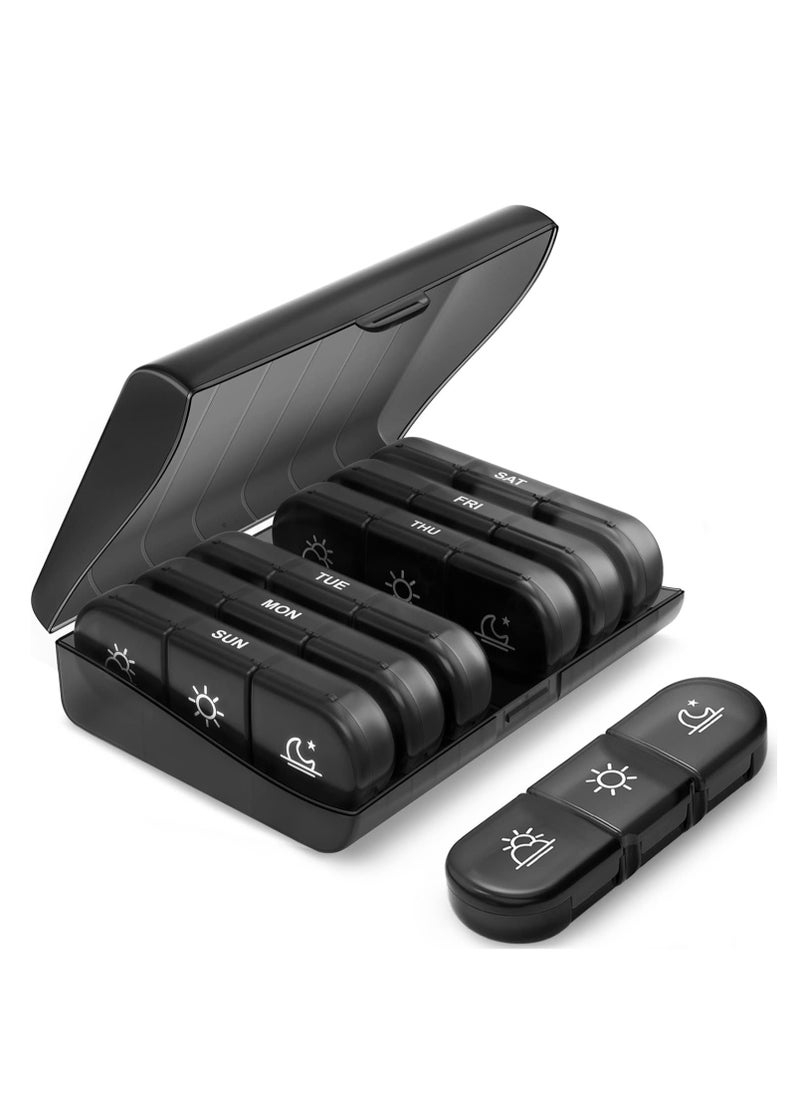 Najwa Pill Organizer 3 Times a Day, Large Weekly Pill Case 7 Day, Daily Pill Box with 21 Compartments, Pill Dispenser Supplement Holder for Pills/Vitamin/Fish Oil - Black  - Image 1