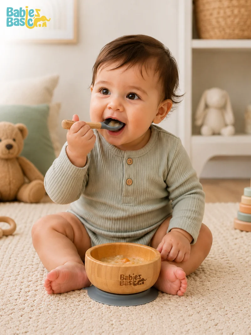 Babies Basic Babies Basic Bamboo Bowl with suction and Silicone Spoon for Kids, Indigo