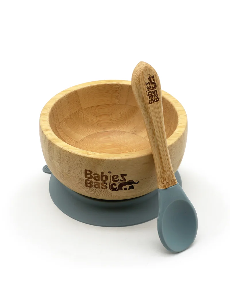 Babies Basic Babies Basic Bamboo Bowl with suction and Silicone Spoon for Kids, Indigo