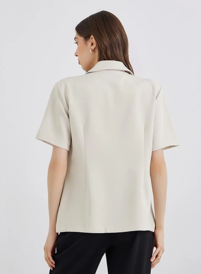 Take Two Take Two Women Beige Solid Short Sleeve Button Up Blazer