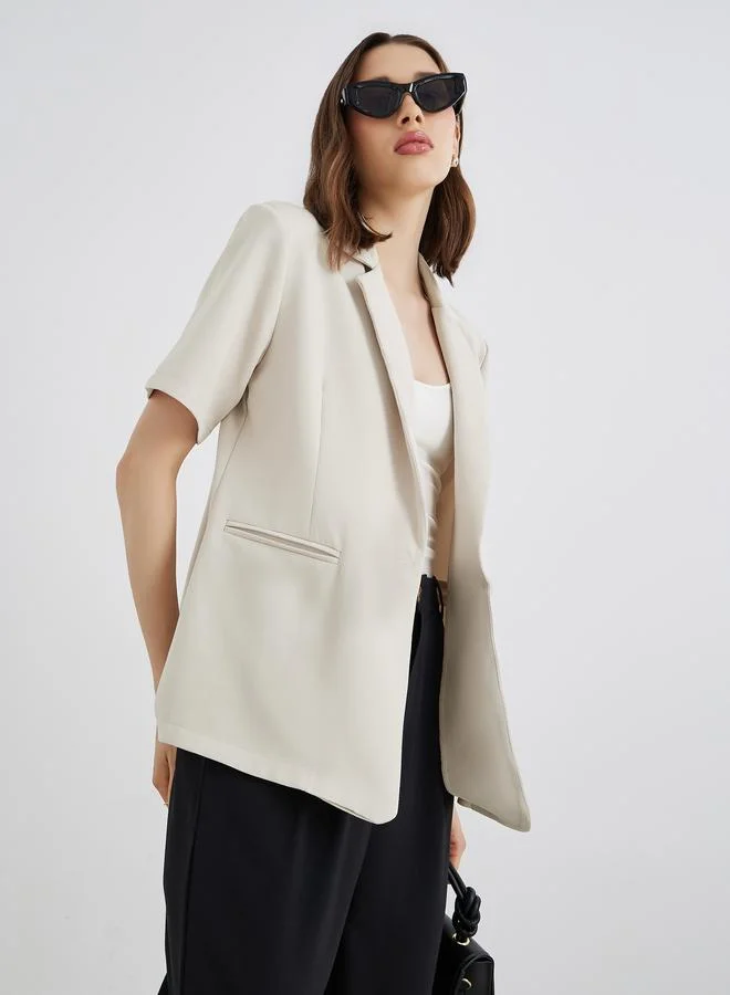 تايك تو Take Two Women Beige Solid Short Sleeve Button Up Blazer