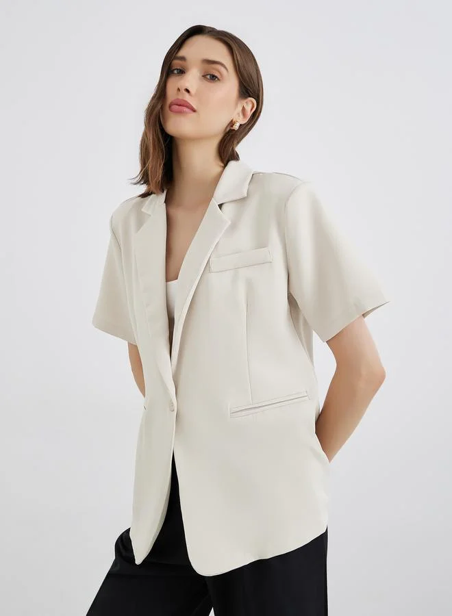 Take Two Take Two Women Beige Solid Short Sleeve Button Up Blazer