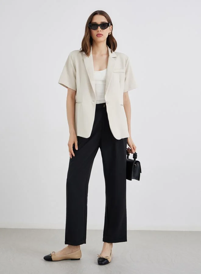 تايك تو Take Two Women Beige Solid Short Sleeve Button Up Blazer