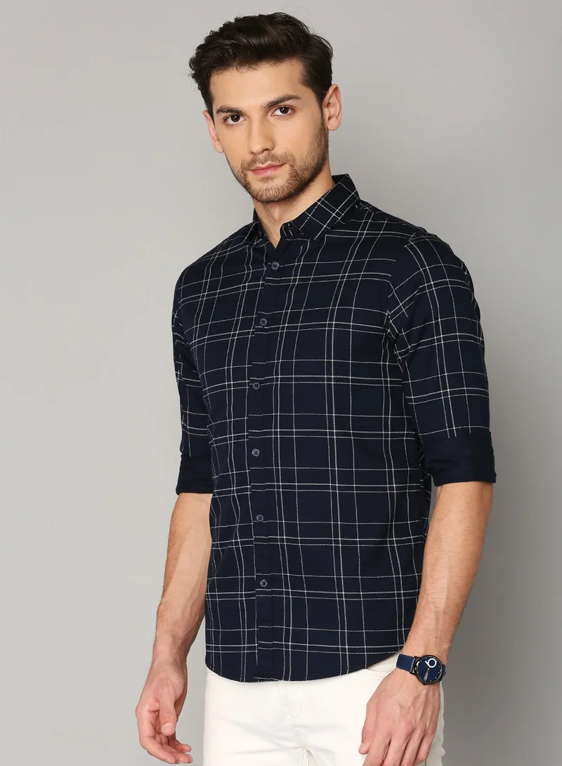 Dennis Lingo Slim Fit Blue Men's Solid Shirt, Spread Collar, Full Sleeves, 100% Cotton,