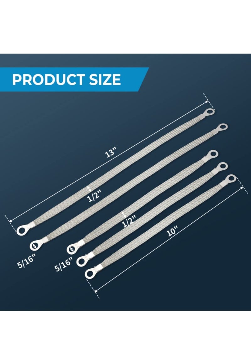 Zikra Universal Flat Braided Copper Ground Strap,Professional Vehicle Grounding Cable Straps with Terminals Plugs,Tinplate Silver Color Automotive Engine Copper Ground Strap for Most Cars(5 PCS) - Image 3