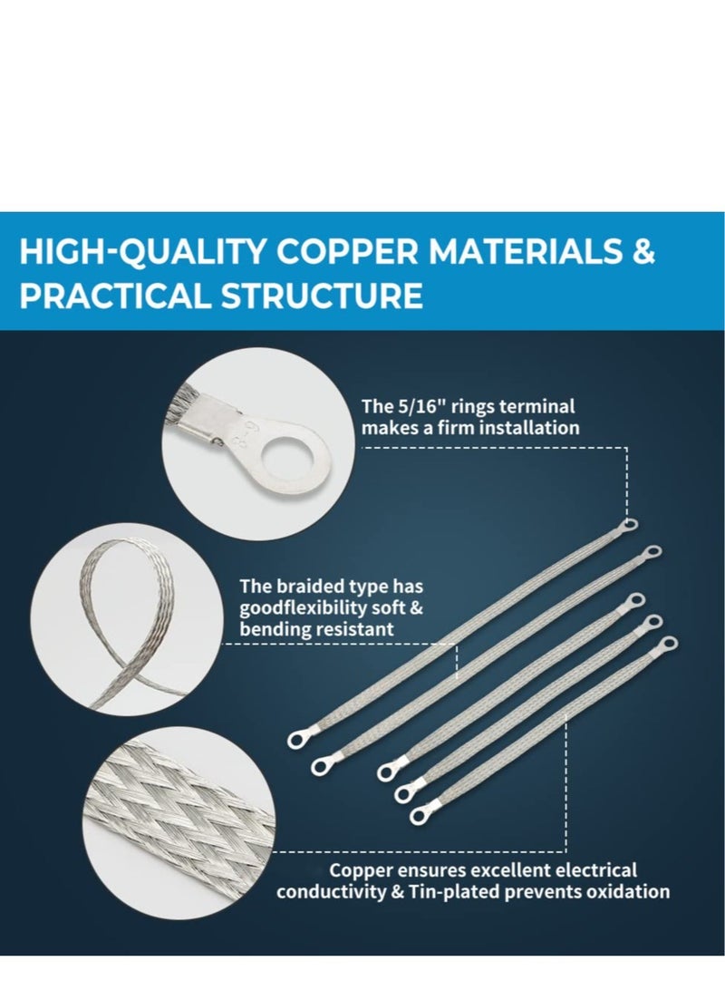 Zikra Universal Flat Braided Copper Ground Strap,Professional Vehicle Grounding Cable Straps with Terminals Plugs,Tinplate Silver Color Automotive Engine Copper Ground Strap for Most Cars(5 PCS) - Image 2