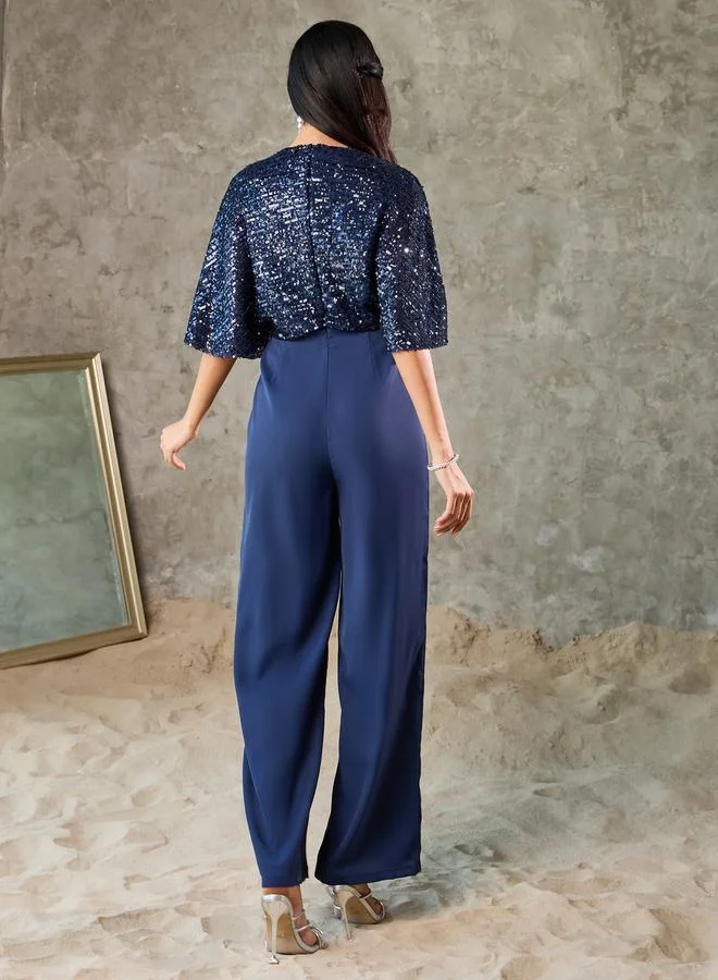 Styli Sequin Cape Sleeve Wide Leg Jumpsuit
