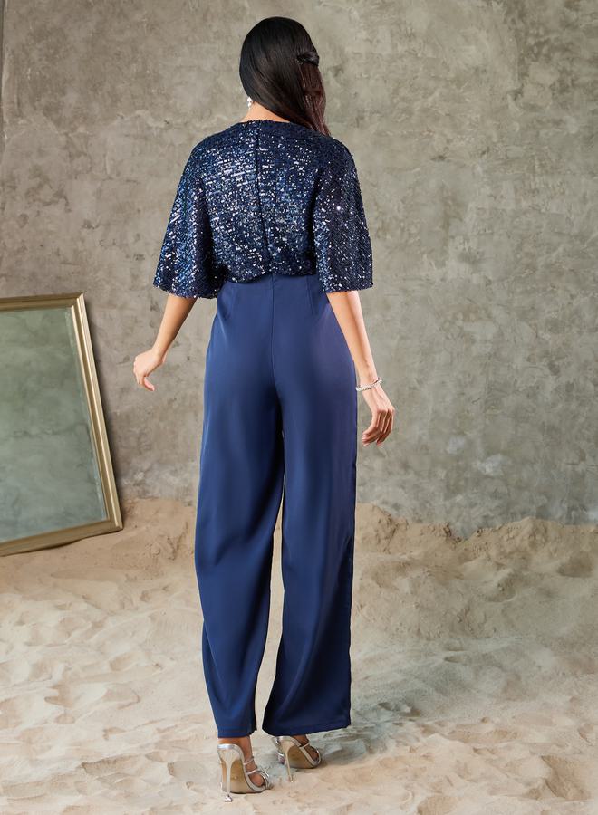 Styli Sequin Cape Sleeve Wide Leg Jumpsuit  - Image 4