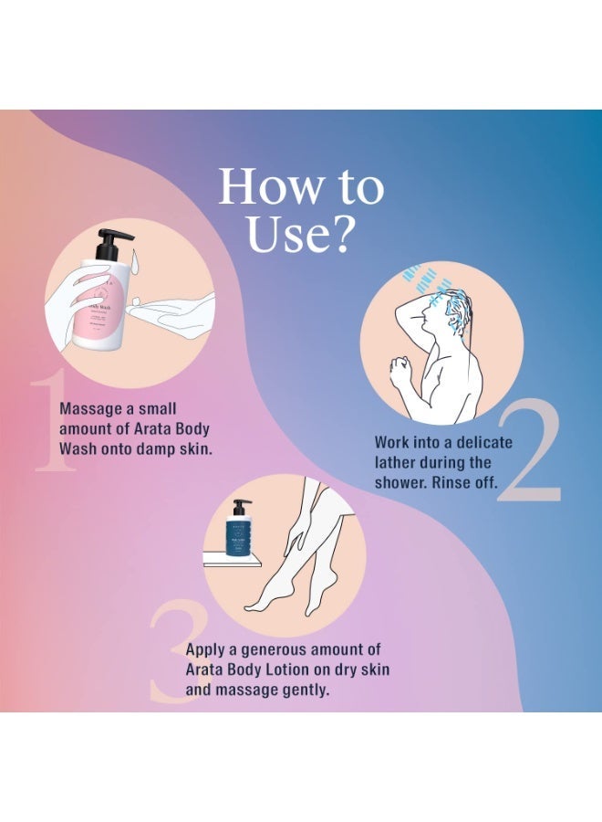 Arata Hydrating Bath & Body Combo | Nourishing Body Wash (300 ML) & Moisturising Body Lotion (300 ML) | Perfect For Daily Use & Gifting | Gently Cleanses & moisturises | Vegan & Cruelty-Free - Image 2