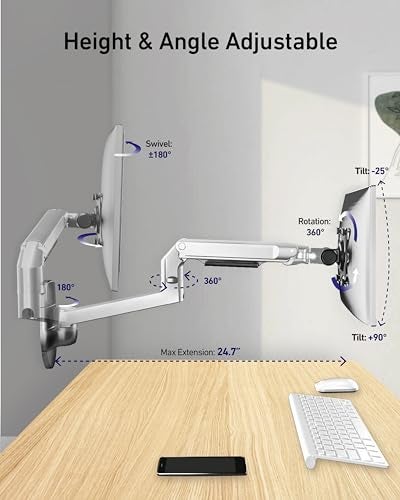 Ergounion Monitor Wall Mount for Flat or Curved Screens up to 38" Within 25 lbs, Full Motion Adjustable Monitor Arm Wall Mount with Cable Management, VESA 75x75/100x100mm, Silver - Image 3
