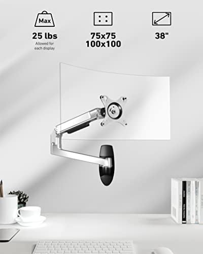 Ergounion Monitor Wall Mount for Flat or Curved Screens up to 38" Within 25 lbs, Full Motion Adjustable Monitor Arm Wall Mount with Cable Management, VESA 75x75/100x100mm, Silver - Image 2