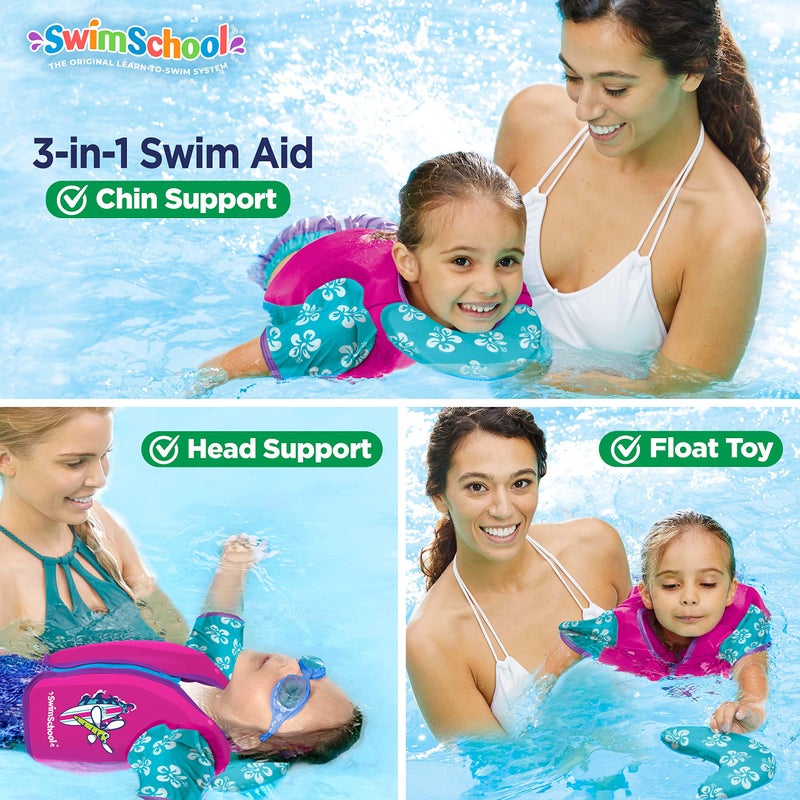 SwimSchool Swim Trainer - Medium/Large - Swim Vest with Shoulder Sleeves, Adjustable Safety Strap, and Removable Chin-Up Collar -Pink/Aqua - Image 4