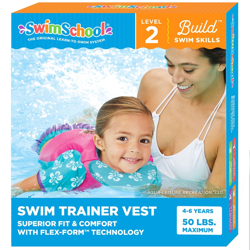 SwimSchool Swim Trainer - Medium/Large - Swim Vest with Shoulder Sleeves, Adjustable Safety Strap, and Removable Chin-Up Collar -Pink/Aqua - Image 1