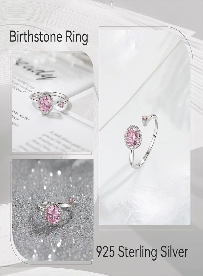 Presentski October Pink Birthstone Ring for Women Adjustable Sterling Silver Pink Tourmaline Oct Birthstone Crystal Rings - Image 2