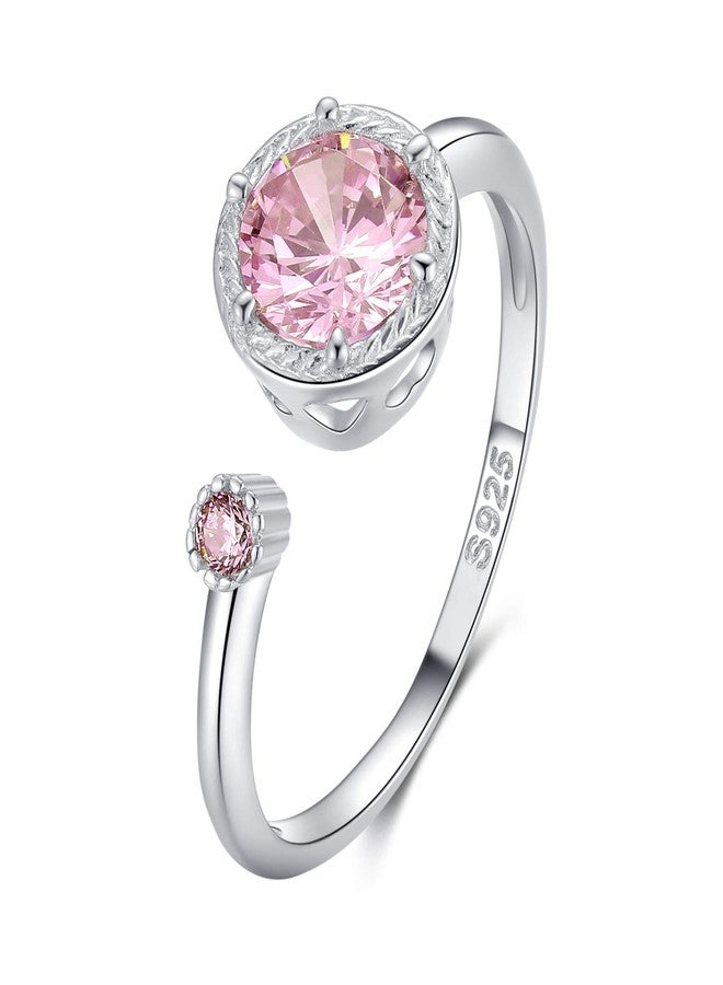 Presentski October Pink Birthstone Ring for Women Adjustable Sterling Silver Pink Tourmaline Oct Birthstone Crystal Rings - Image 1