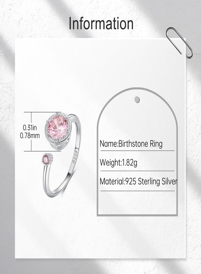 Presentski October Pink Birthstone Ring for Women Adjustable Sterling Silver Pink Tourmaline Oct Birthstone Crystal Rings - Image 3