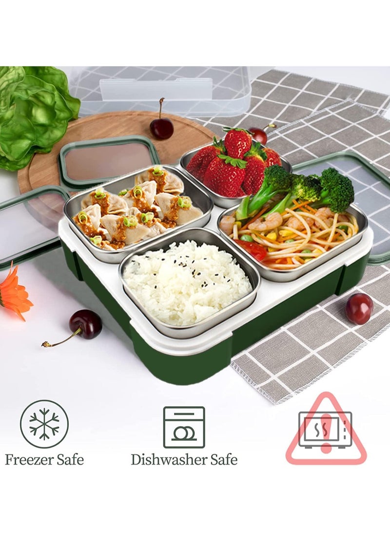 Kids School Stainless Steel Lunch Box Insulated Bento Lunch Box with Storage Bag 4 Compartments Divided Lunch Container with Lid Tableware (Green 1060ML) - Image 4