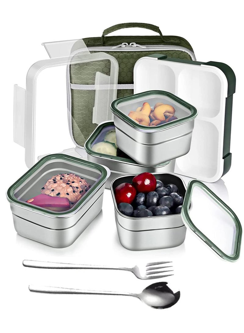 Kids School Stainless Steel Lunch Box Insulated Bento Lunch Box with Storage Bag 4 Compartments Divided Lunch Container with Lid Tableware (Green 1060ML) - Image 1