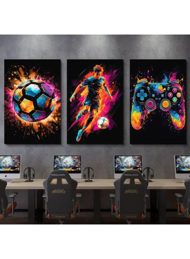 أجريون مجموعة من 3 لوحات فنية على قماش مؤطرة مشدودة على إطار خشبي لوحات كرة القدم التجريدية لتزيين المنزل غرفة المعيشة المكتب. - Image 2