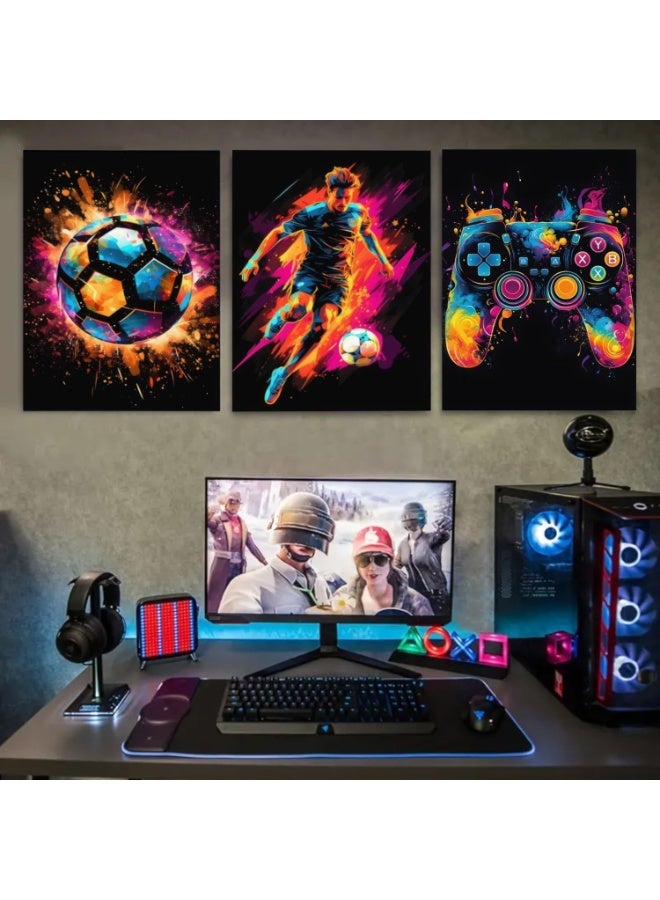 أجريون مجموعة من 3 لوحات فنية على قماش مؤطرة مشدودة على إطار خشبي لوحات كرة القدم التجريدية لتزيين المنزل غرفة المعيشة المكتب. - Image 3