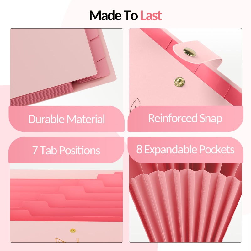 Sooez Aesthetic 8 Pocket Accordion File Organizer, Pastels Expanding File Folder for Important Document with Labels, Portable Receipt Bill Paper Organizer for Office School Supplies, Letter Size Pink - Image 3