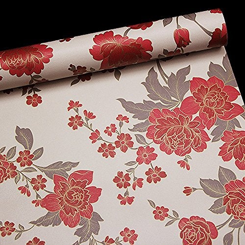 Yifely SimpleLife4U Vintage Red Peony Removable PVC Shelf Drawer Liner Home Decor Contact Paper 17x118 Inch - Image 1